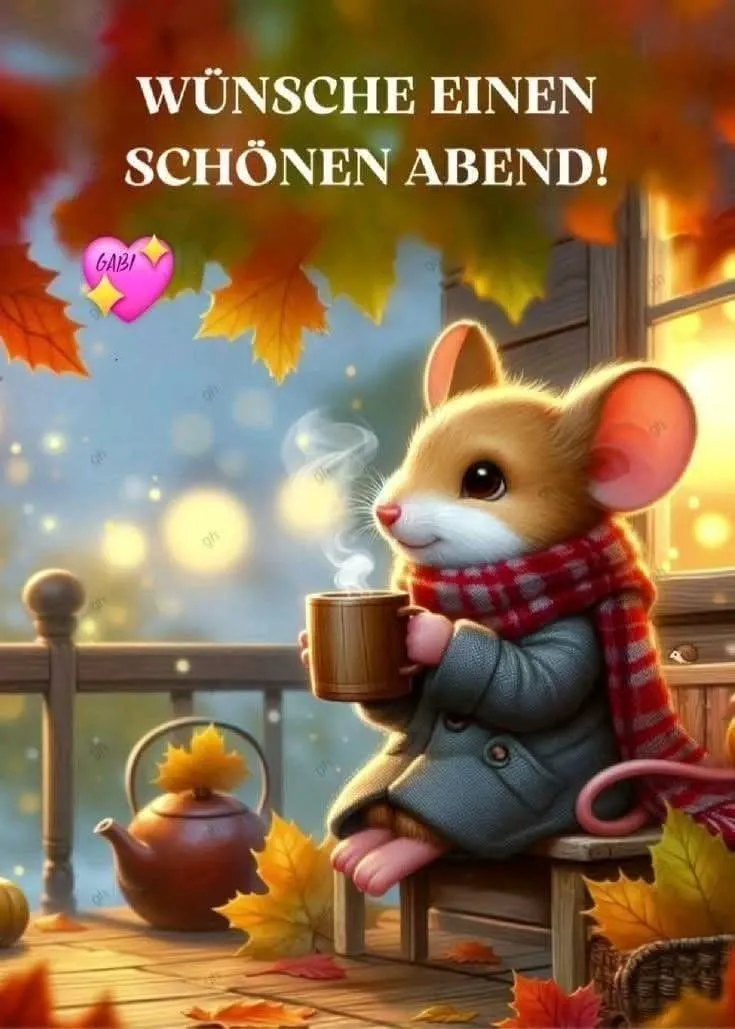 Ein niedliches Mäuschen sitzt auf einer Holzbank, hält eine Tasse in der Hand und trägt einen roten Schal. Im Hintergrund Herbstlaub und ein Teekessel.
